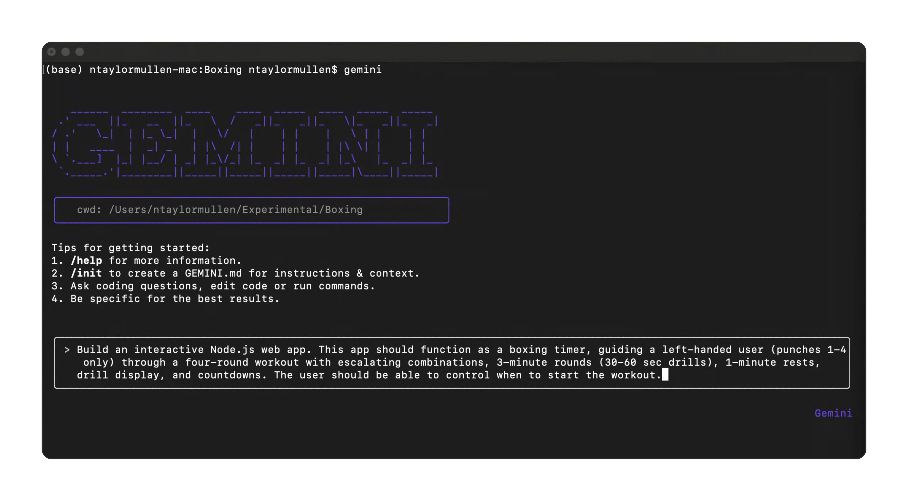 The original Gemini CLI startup screen, with its dashed ASCII wordmark, getting-started tips, and a typed prompt for a Node.js boxing timer app