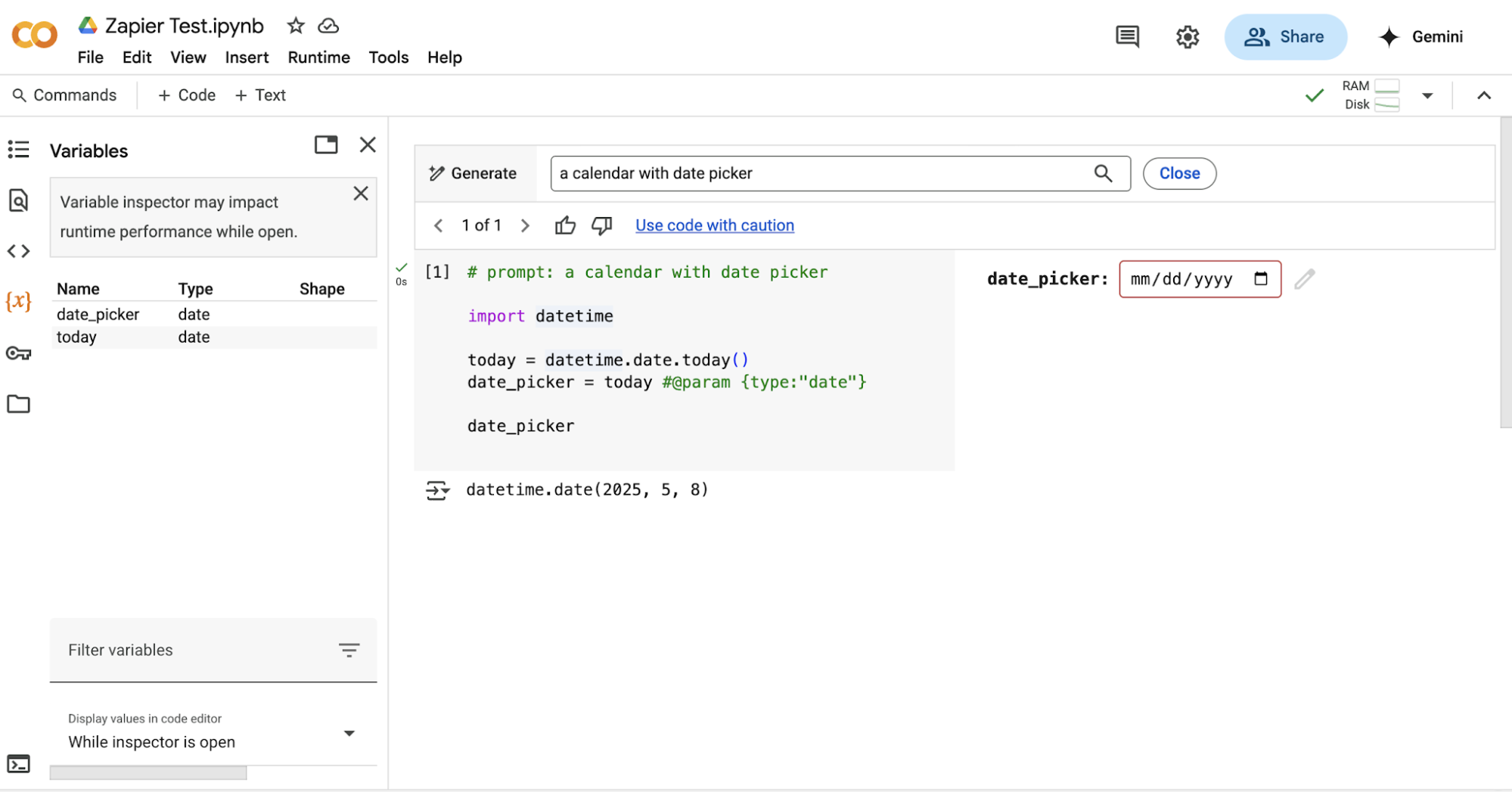 Colab's original per-cell Generate bar producing date-picker code from the prompt 'a calendar with date picker', with the Variables panel open