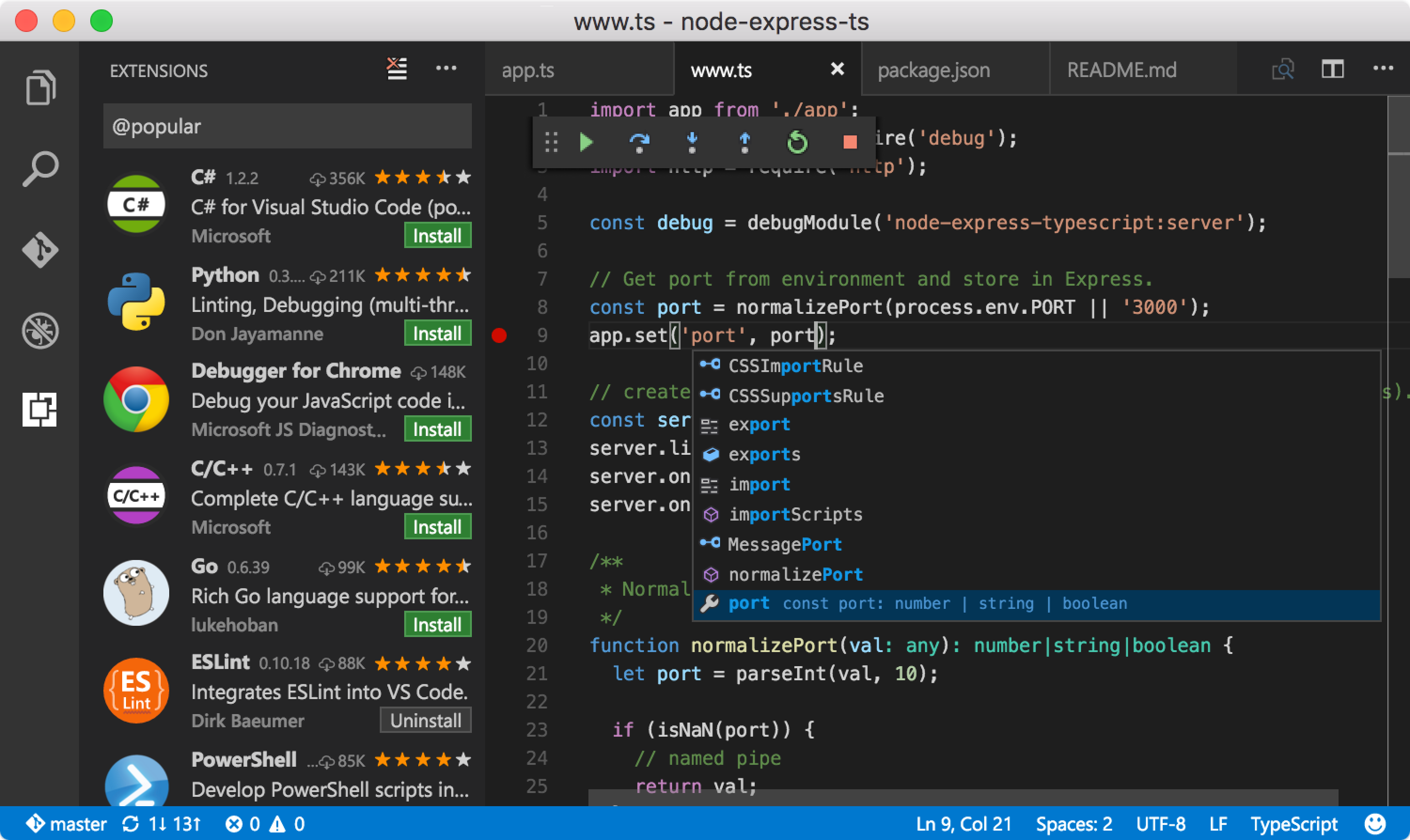 Older VS Code editor showing the Extensions sidebar and an IntelliSense popup with mismatched icon styles inherited from Visual Studio and Octicons