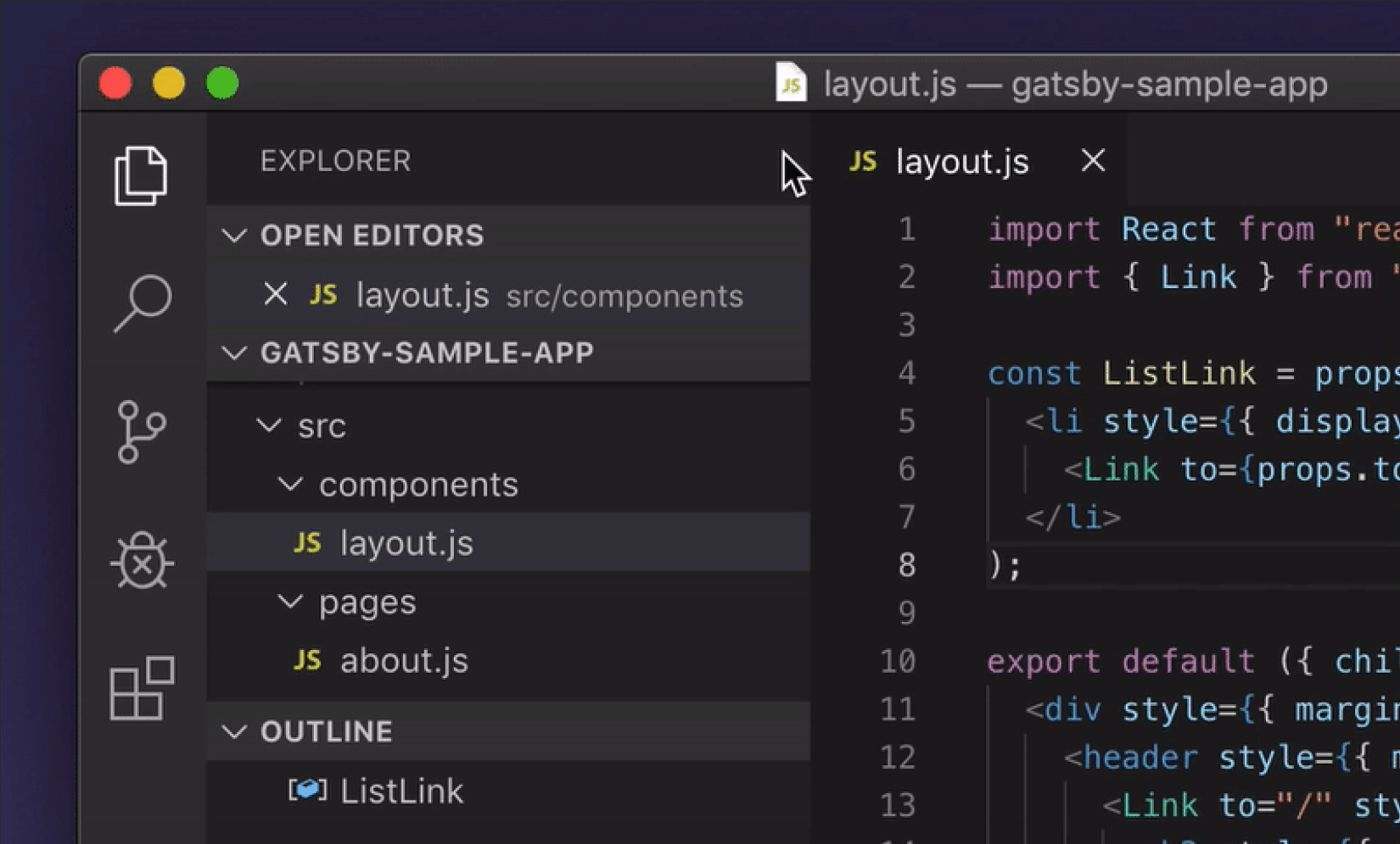 VS Code running the custom build, with the new outline icons in the activity bar, the explorer, and the outline view