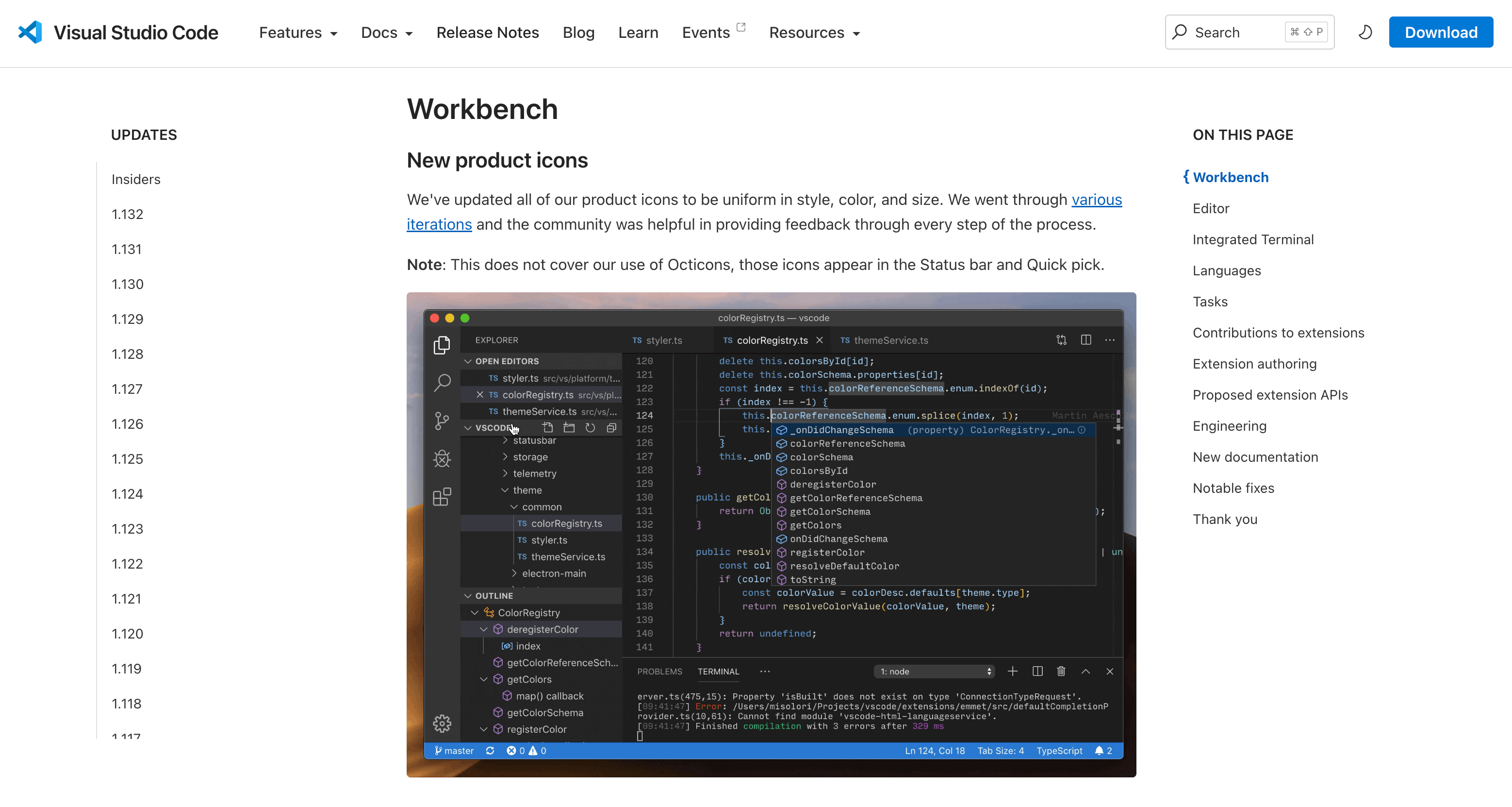 VS Code release notes titled 'New product icons' announcing all product icons updated to be uniform in style, color, and size