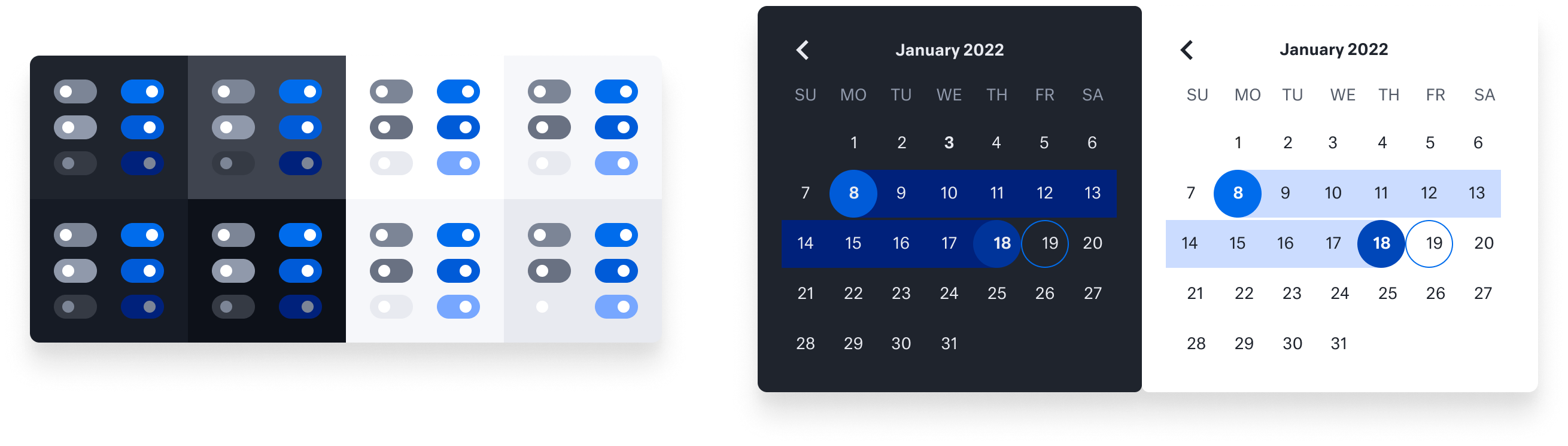 Toggle switches and a date-range calendar shown in dark and light themes to verify color contrast across states
