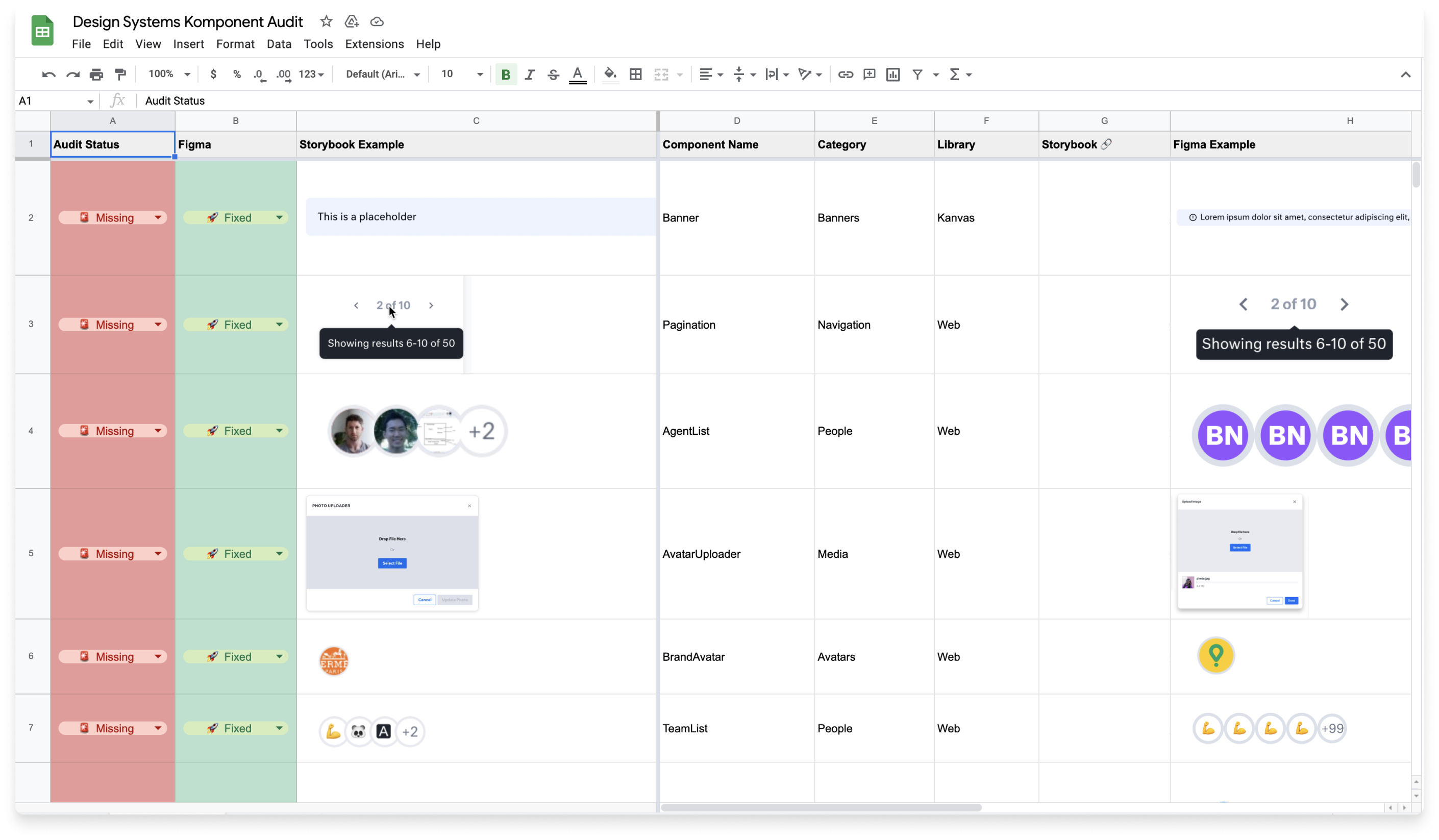 Google Sheets component audit listing each Kanvas component with its Figma status, code status, and Storybook and Figma examples