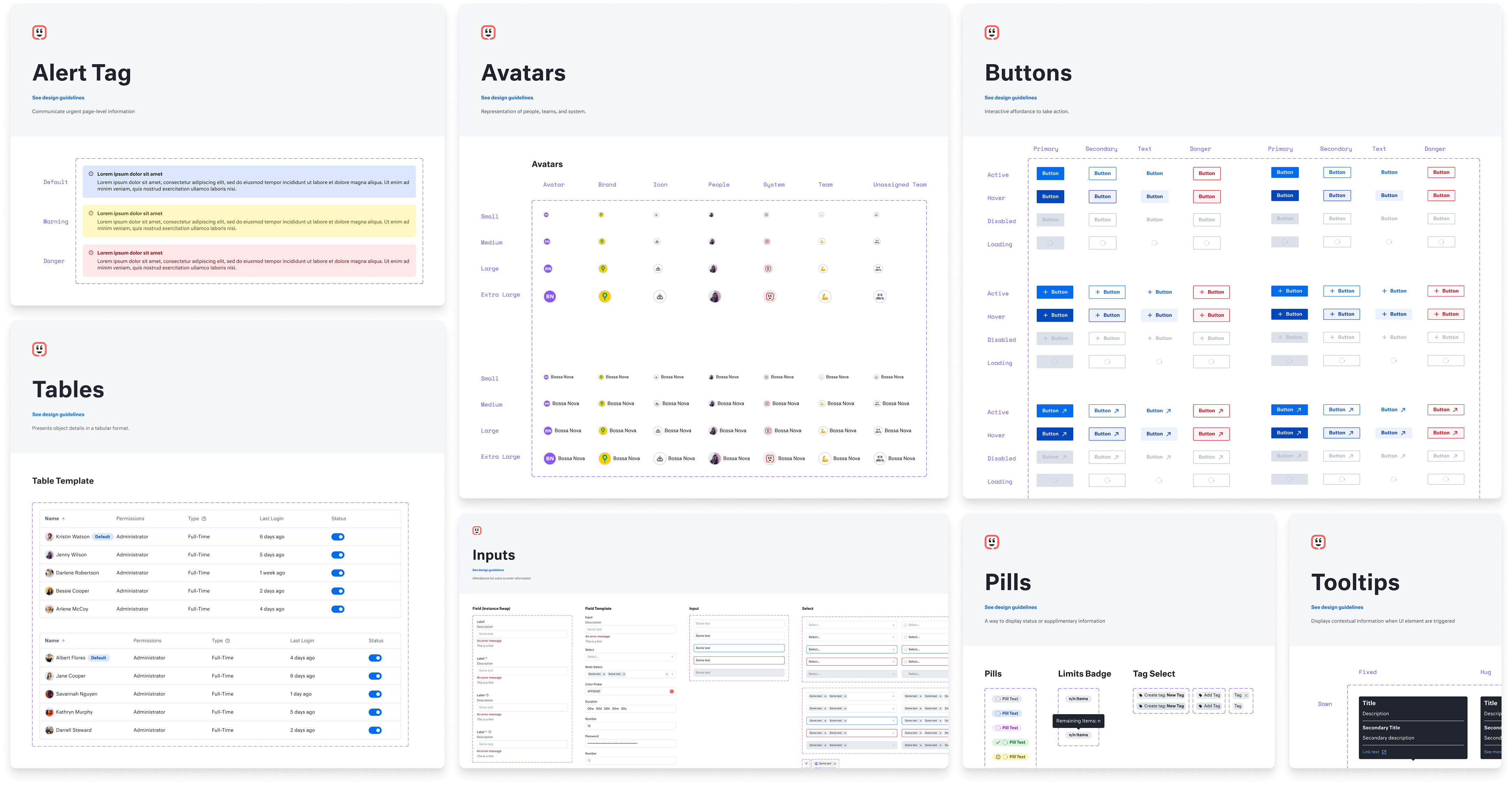 Kanvas component library documentation for alerts, avatars, buttons, tables, inputs, pills, and tooltips