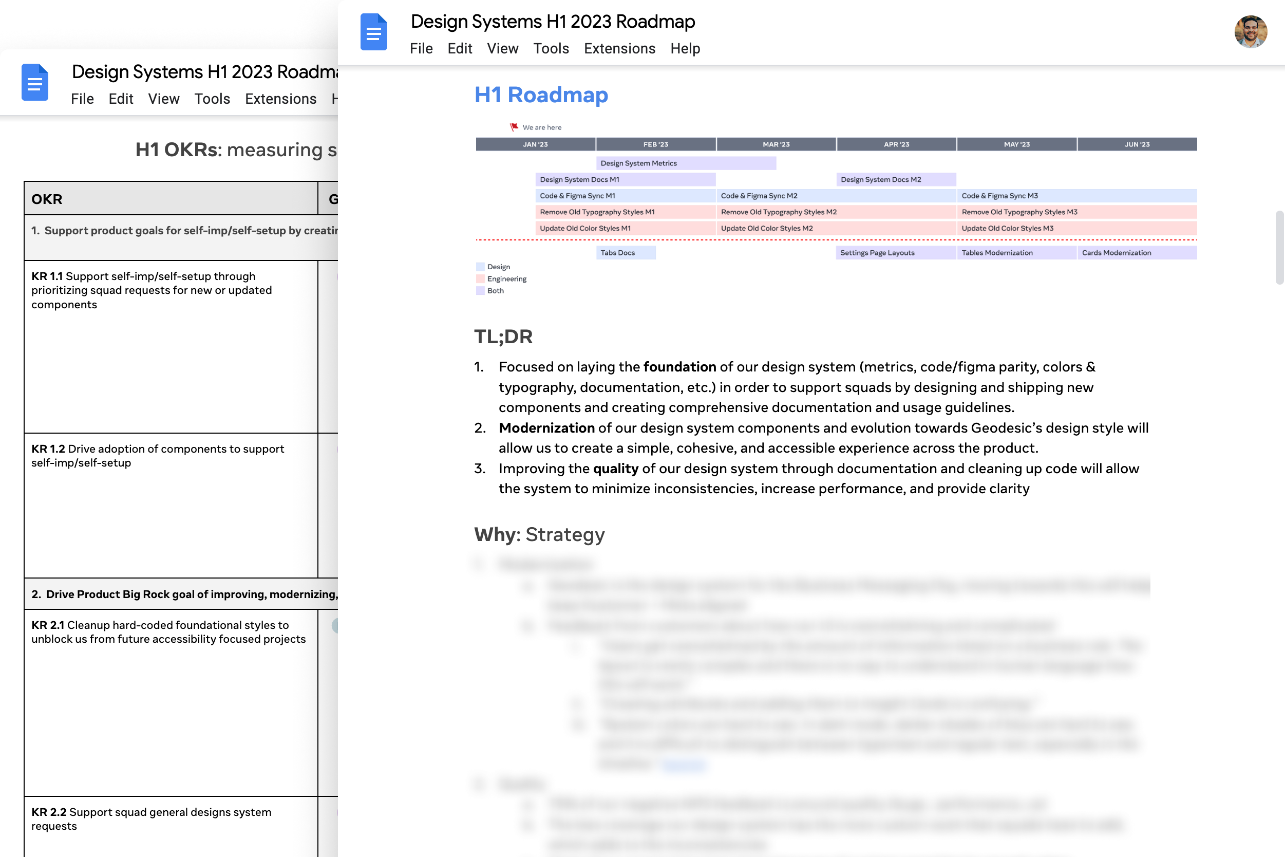 Two Google Docs showing the design system's H1 2023 OKRs and a January-to-June roadmap timeline with milestones for code and Figma parity