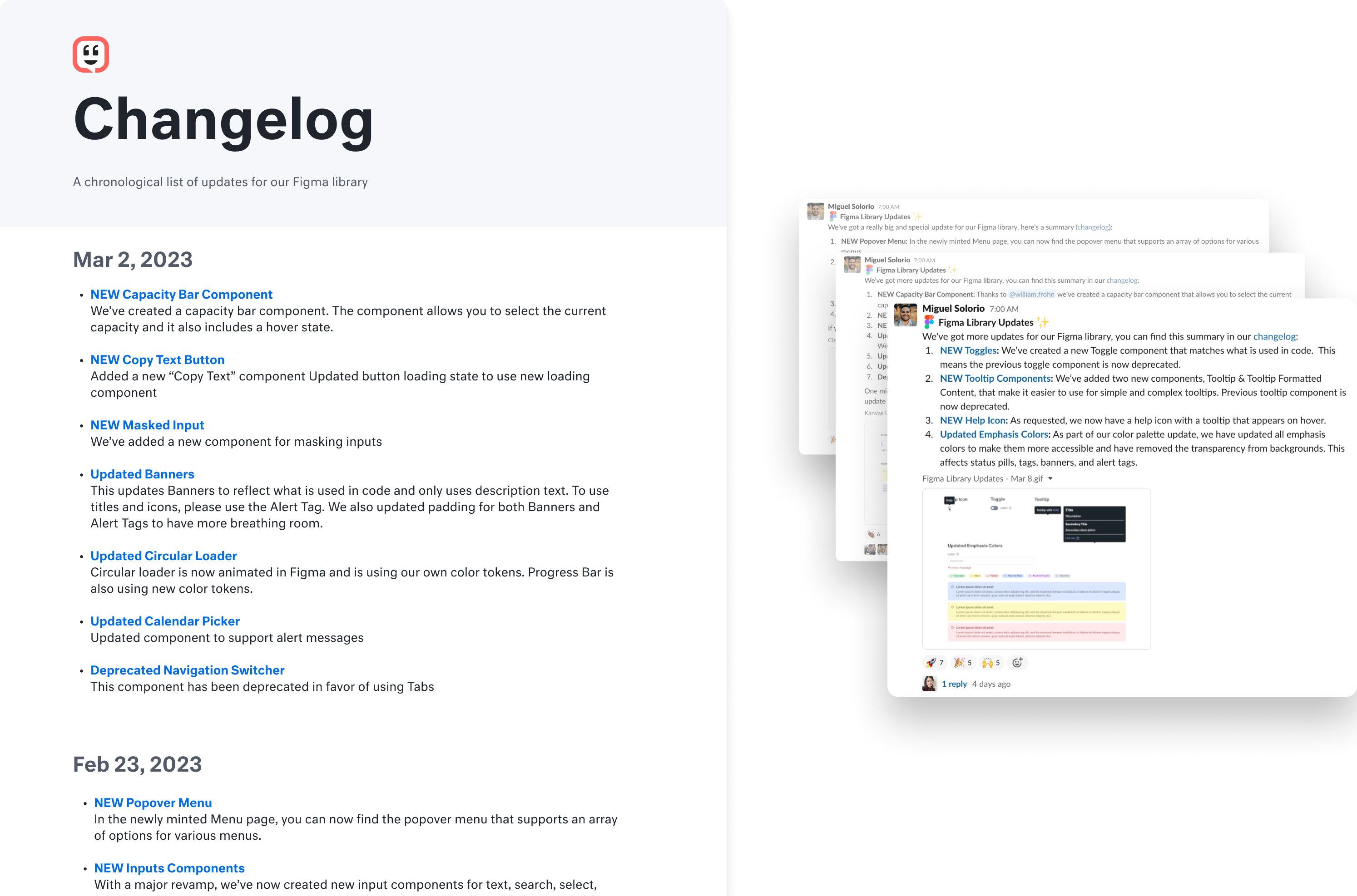 A dated changelog document for the Figma library beside Slack posts announcing each release's new and updated components