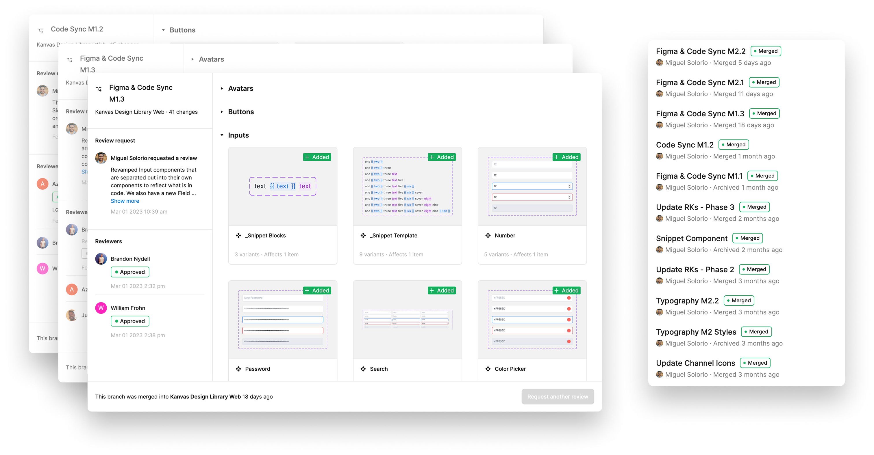 Figma branch reviews for the code sync milestones, showing newly added input components, approvals, and merged library branches