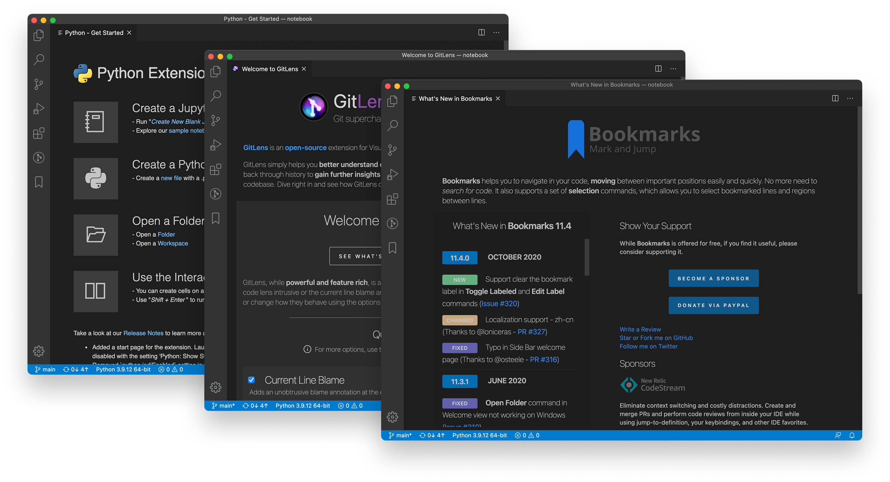 Three overlapping VS Code windows showing how the Python, GitLens, and Bookmarks extensions each built their own onboarding page