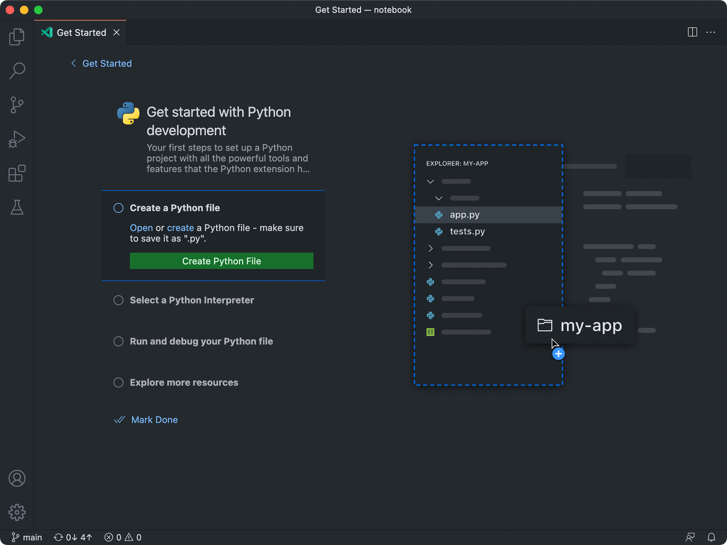 The Python walkthrough in a dark VS Code theme, with the Explorer illustration rendered in matching dark colors
