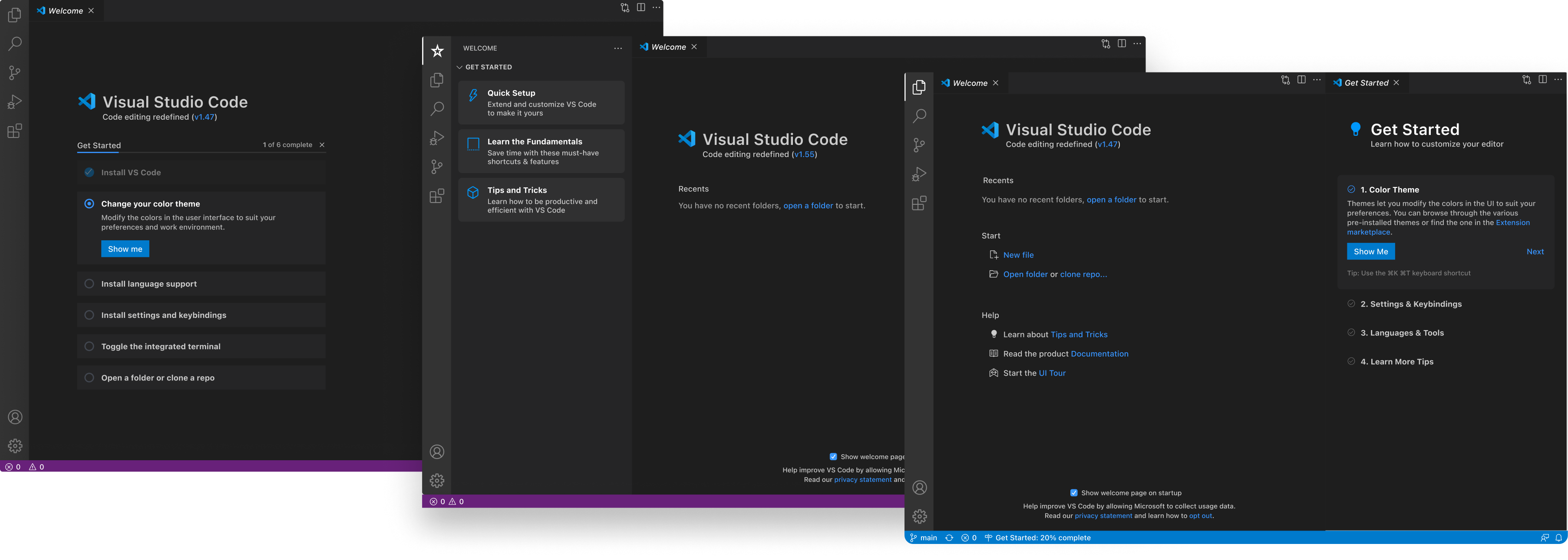 Four iterations of the welcome page redesign, moving the getting-started checklist between the main page, a sidebar panel, and a dedicated Get Started tab