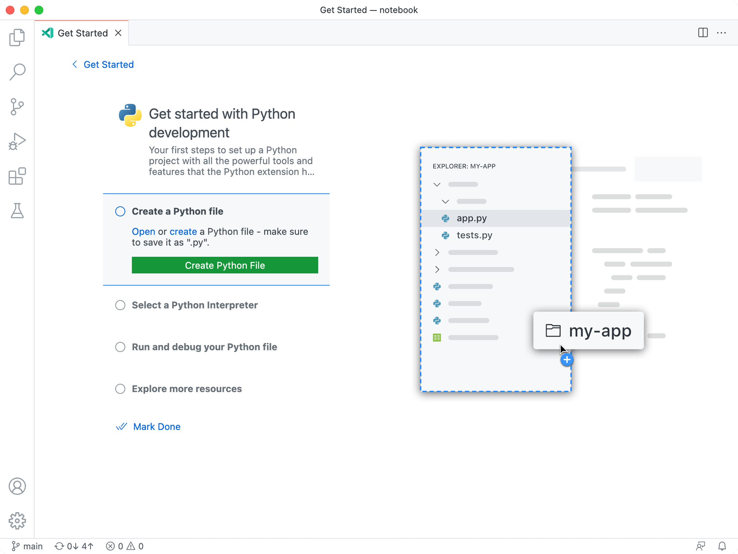 The same walkthrough in a light VS Code theme, with the Explorer illustration rendered in matching light colors